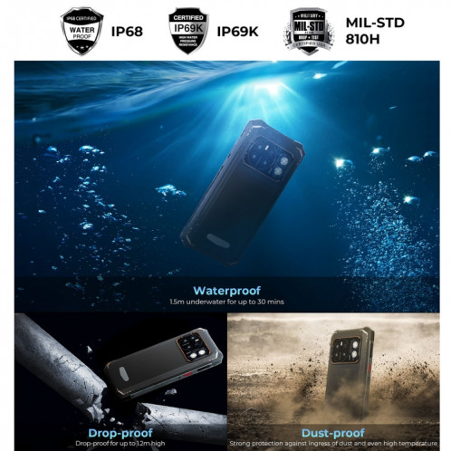  HOTWAV CYBER 13 Pro, 12 Go + 256 Go, téléphone robuste IP68/IP69K, 10 800 mAh, 6,6 pouces Android 13 UNISOC T619 Octa Core, réseau : 4G, NFC, OTG (tout noir) SH801B1802-015